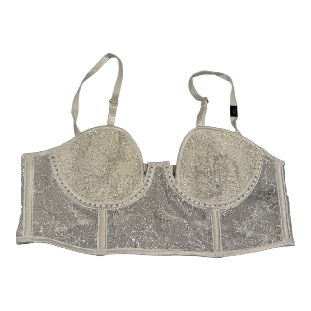 VICTORIAS SECRET LUXE LINGERIE FLORAL EMBROIDERED PUSH UP BUSTIER BRA RHINESTONE